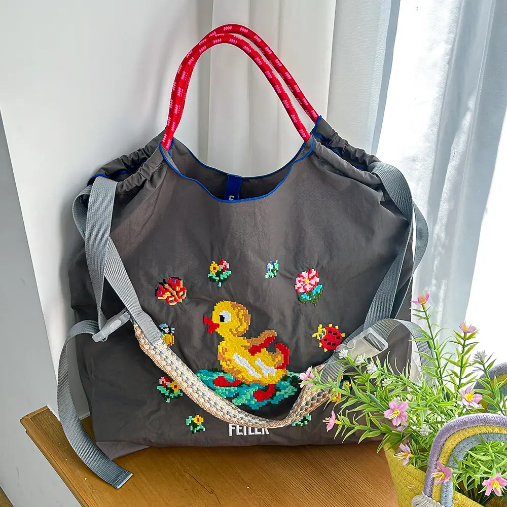 Japanese Niche Embroidered Green Shopping Bag with Cartoon Design - Image 27