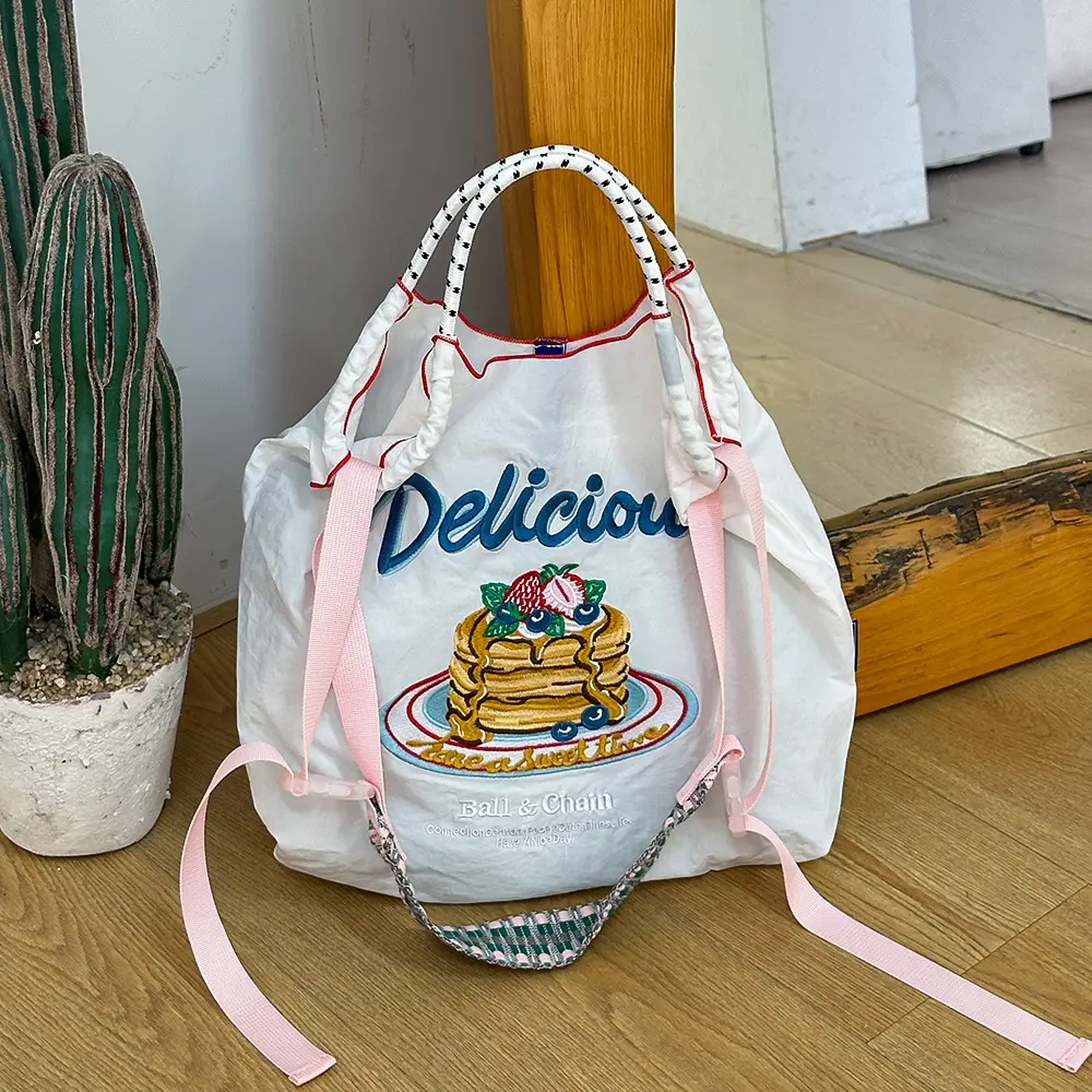Japanese Niche Embroidered Green Shopping Bag with Cartoon Design - Image 3