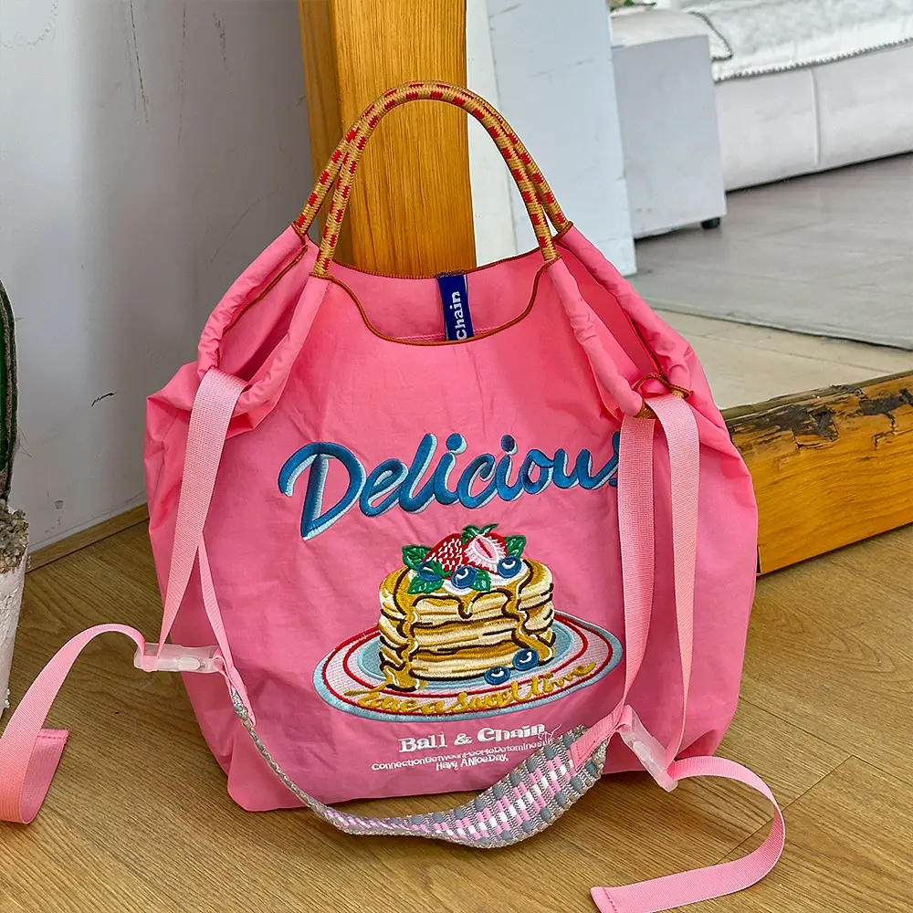 Japanese Niche Embroidered Green Shopping Bag with Cartoon Design - Image 4