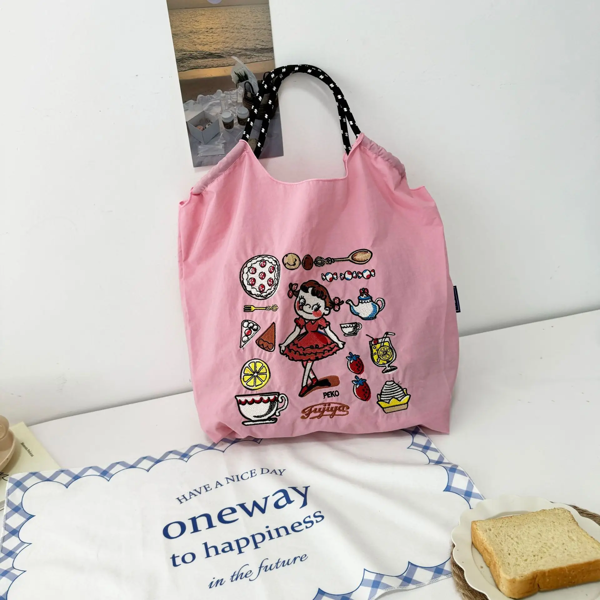 Japanese Niche Embroidered Green Shopping Bag with Cartoon Design - Image 39