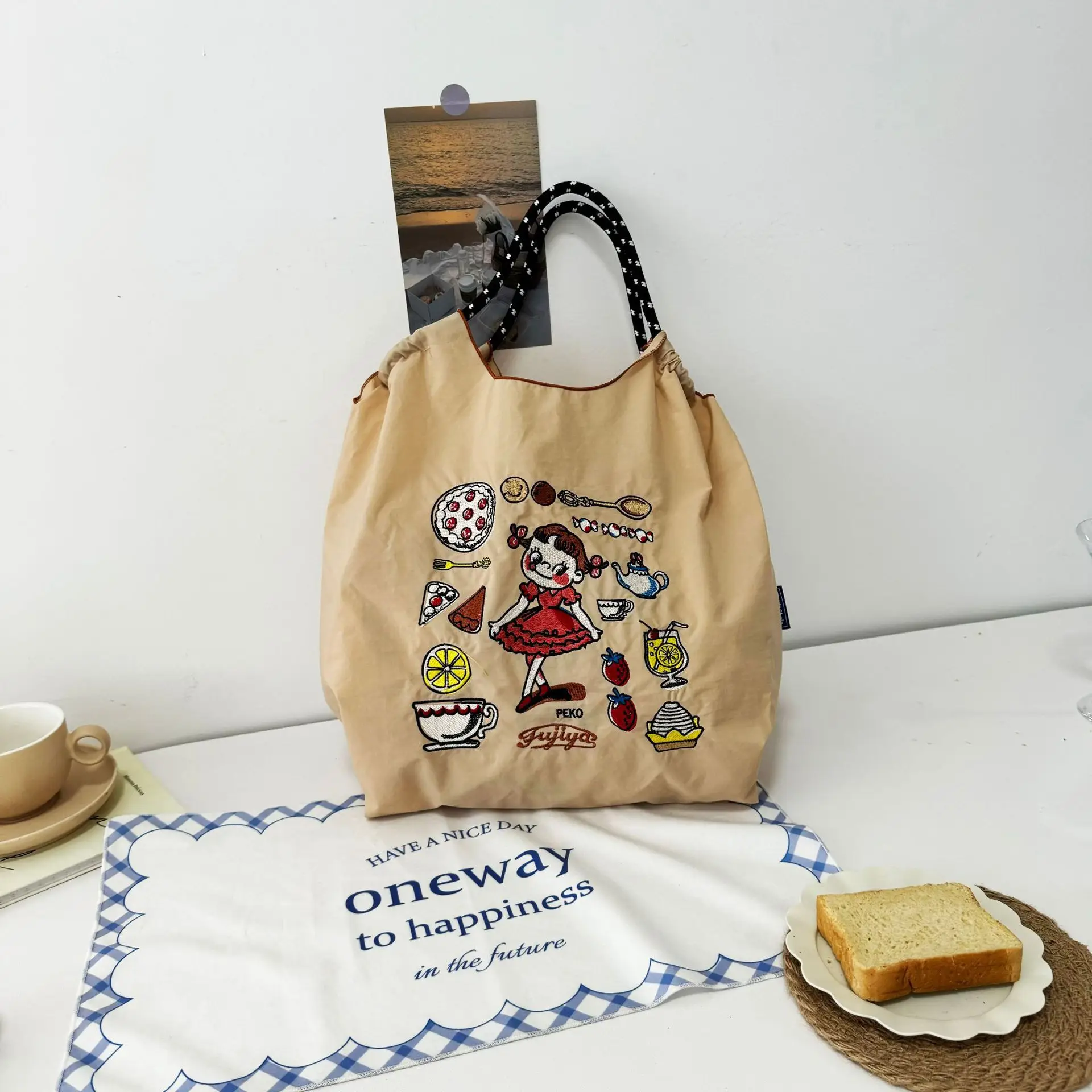 Japanese Niche Embroidered Green Shopping Bag with Cartoon Design - Image 40