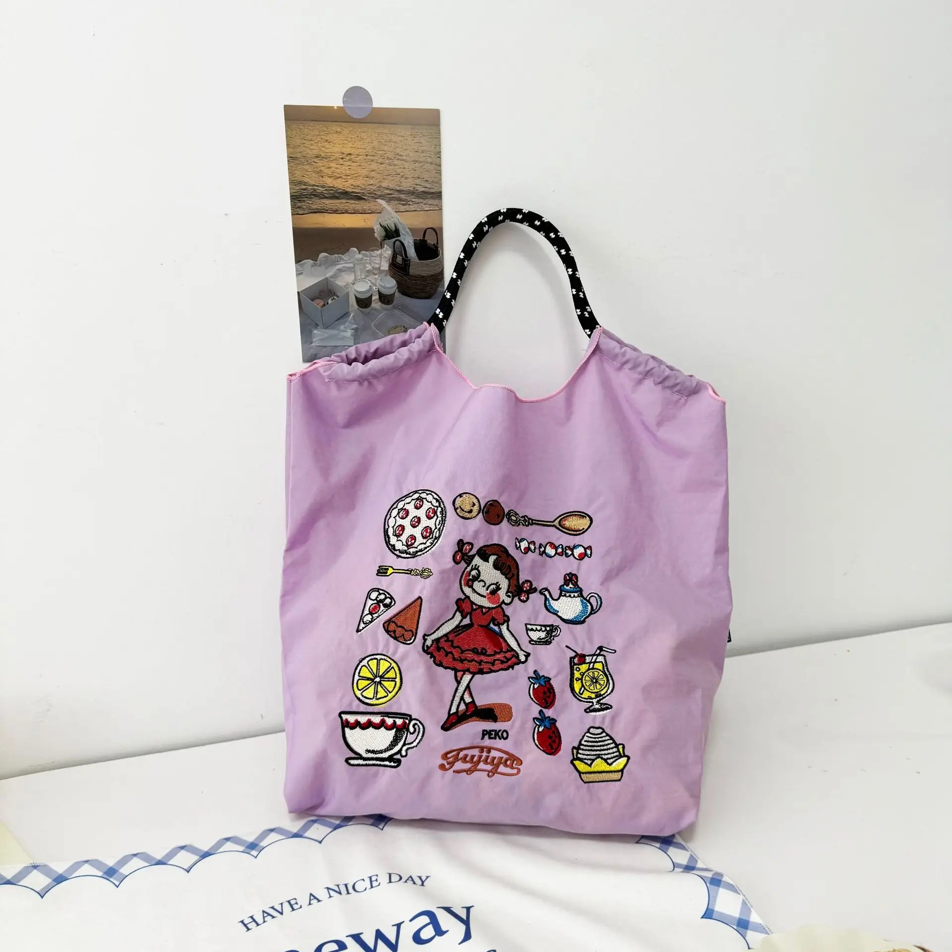 Japanese Niche Embroidered Green Shopping Bag with Cartoon Design - Image 41