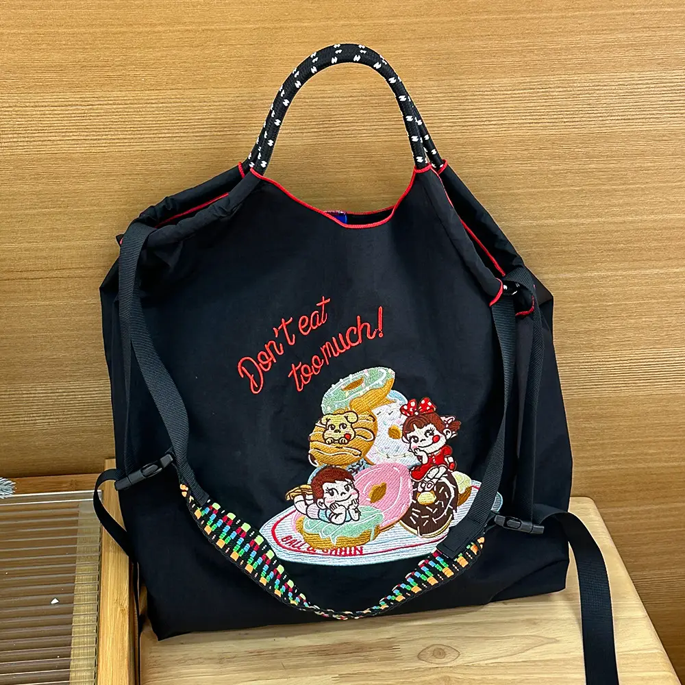 Japanese Niche Embroidered Green Shopping Bag with Cartoon Design - Image 42