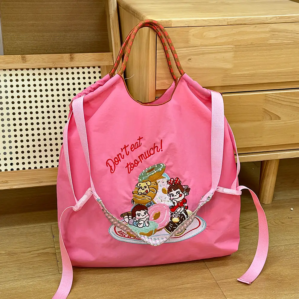 Japanese Niche Embroidered Green Shopping Bag with Cartoon Design - Image 43