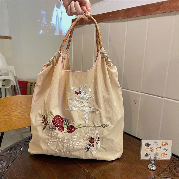 Japanese Niche Embroidered Green Shopping Bag with Cartoon Design - Image 44