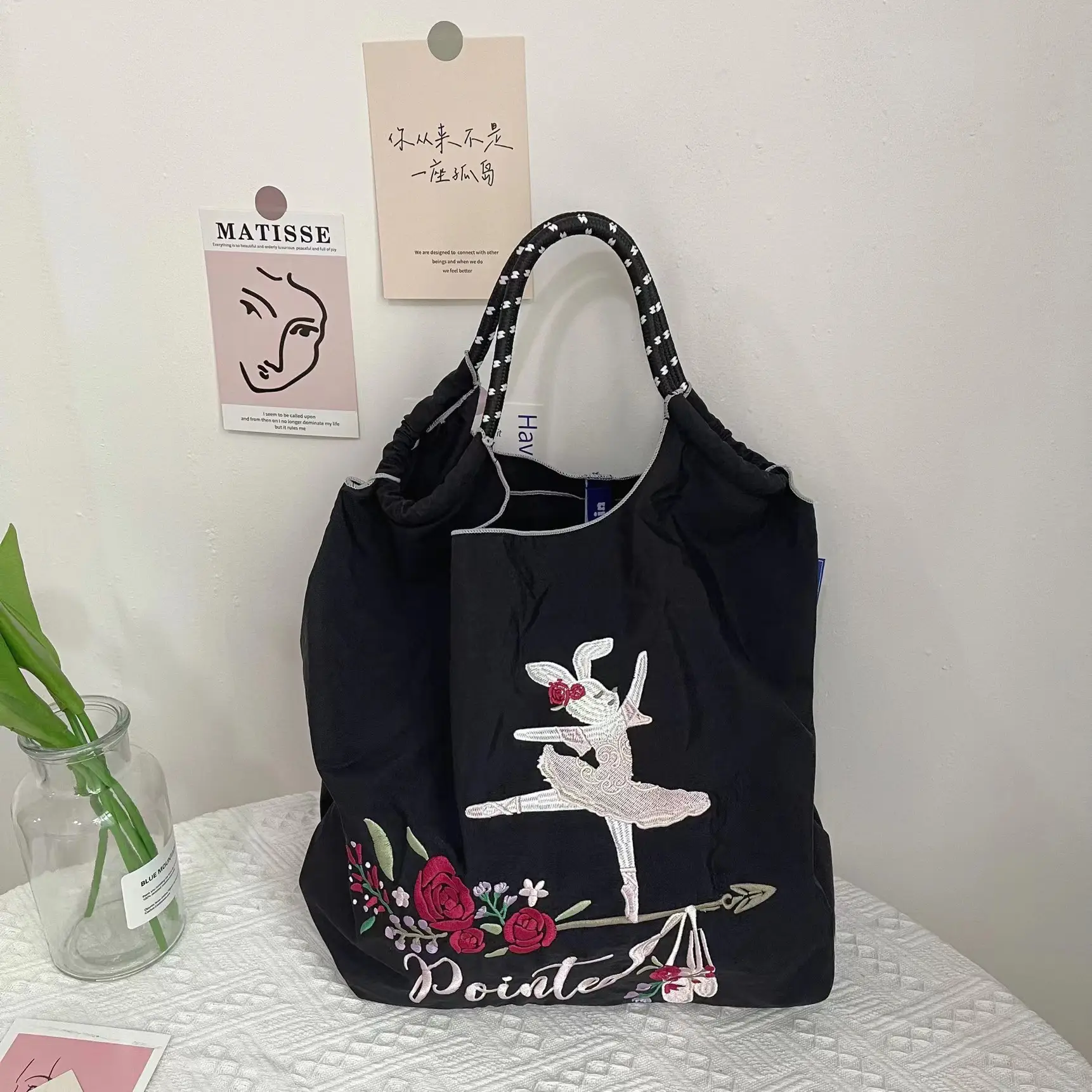 Japanese Niche Embroidered Green Shopping Bag with Cartoon Design - Image 45