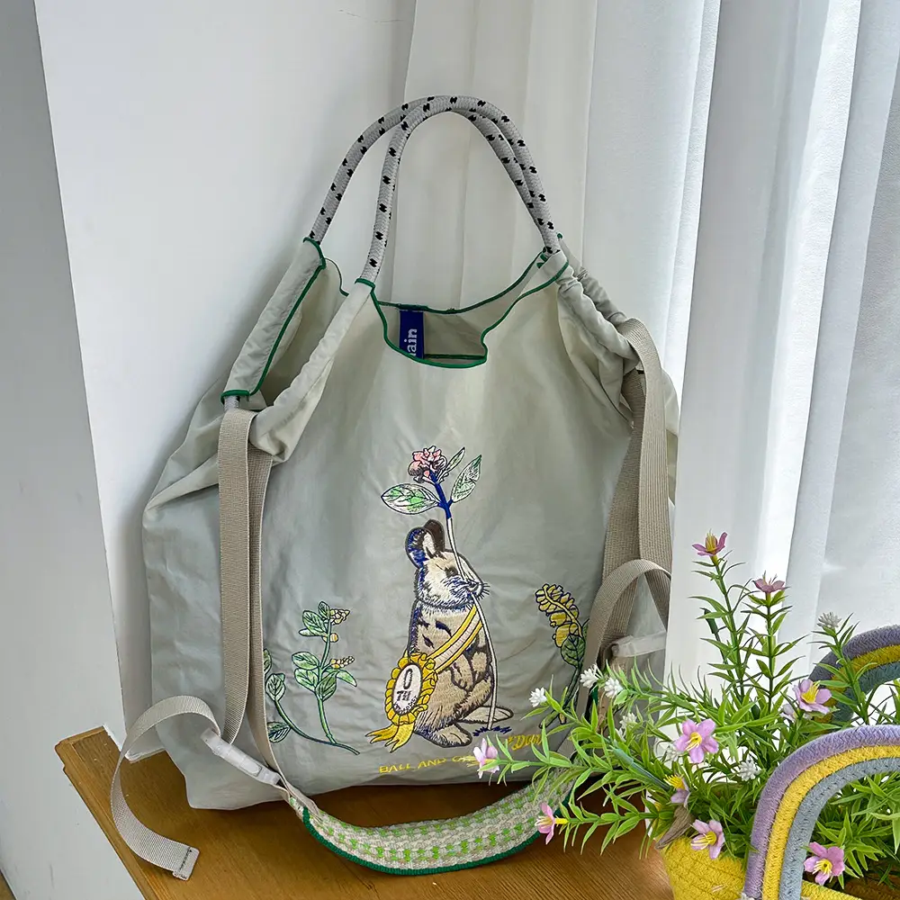 Japanese Niche Embroidered Green Shopping Bag with Cartoon Design - Image 47