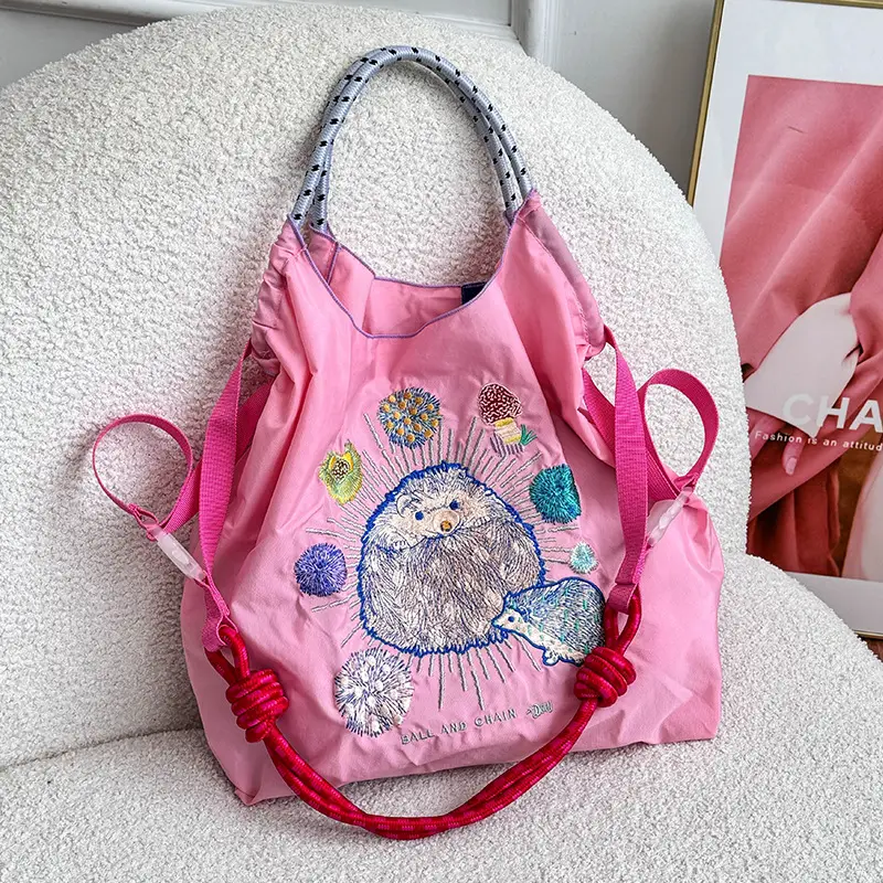 Japanese Niche Embroidered Green Shopping Bag with Cartoon Design - Image 55