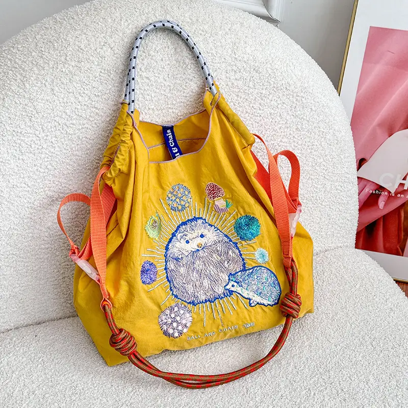 Japanese Niche Embroidered Green Shopping Bag with Cartoon Design - Image 56