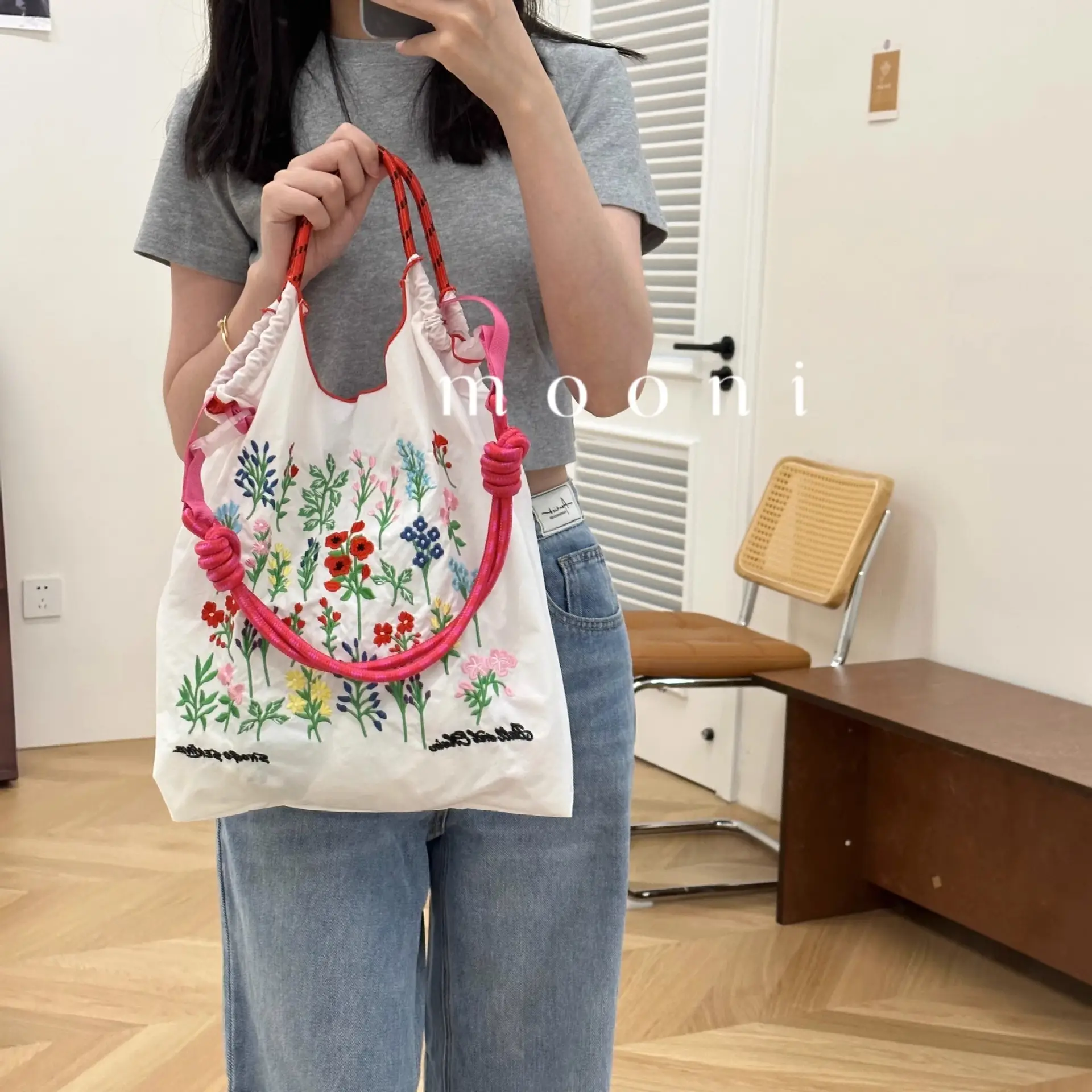 Japanese Niche Embroidered Green Shopping Bag with Cartoon Design - Image 64