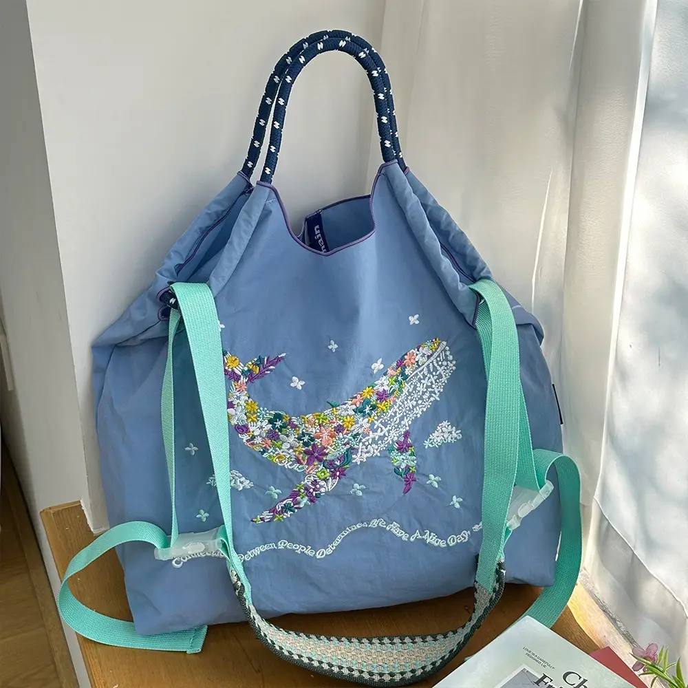 Japanese Niche Embroidered Green Shopping Bag with Cartoon Design - Image 7
