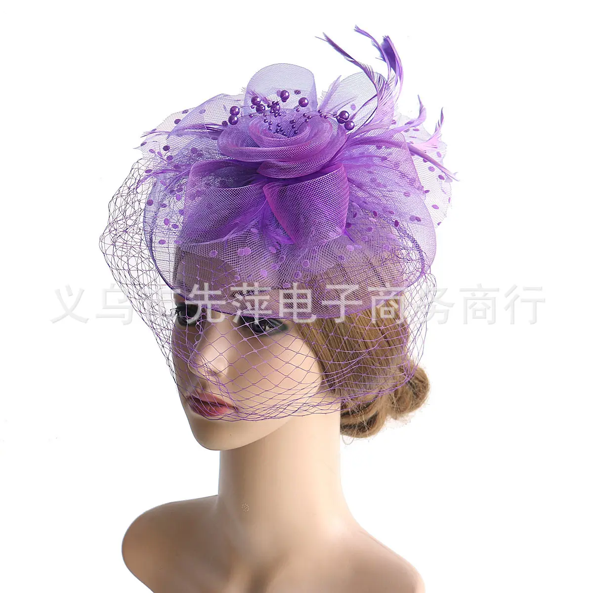 Pink Feather Mesh Veil Headband for Women - Image 7