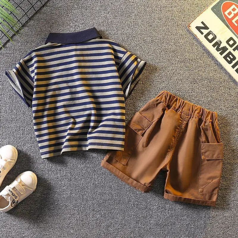 Boys Striped Polo Shirt & Shorts Set Summer Cotton Brown - Image 3