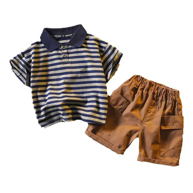 Boys Striped Polo Shirt & Shorts Set Summer Cotton Brown - Image 6