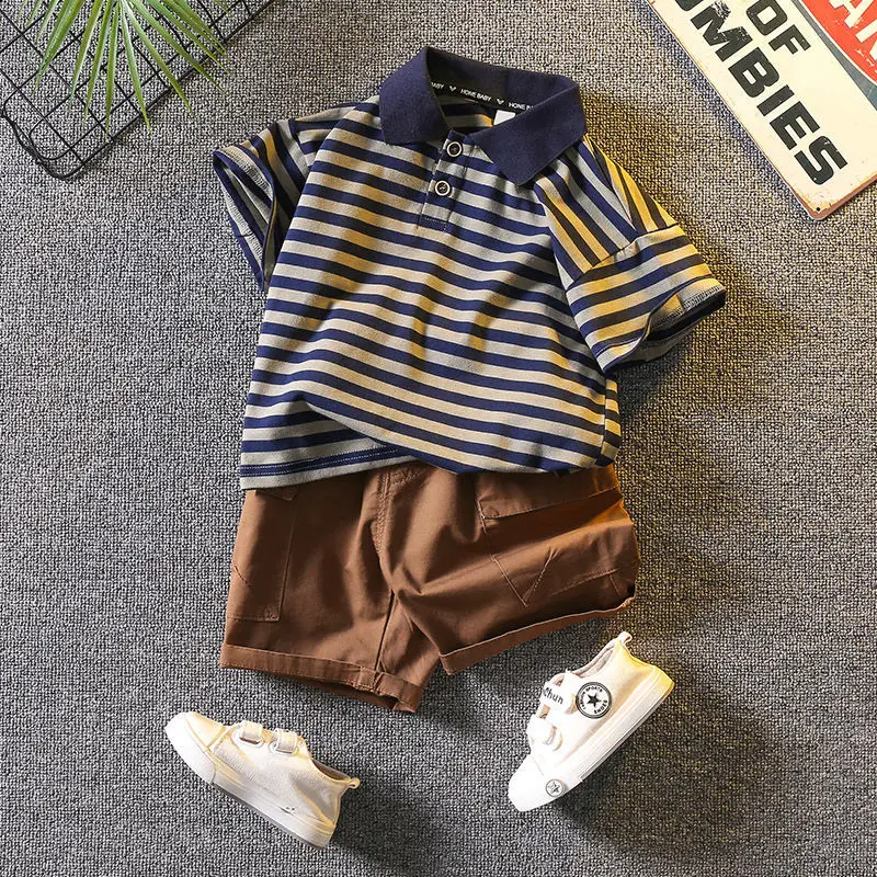 Boys Striped Polo Shirt & Shorts Set Summer Cotton Brown — feature 3