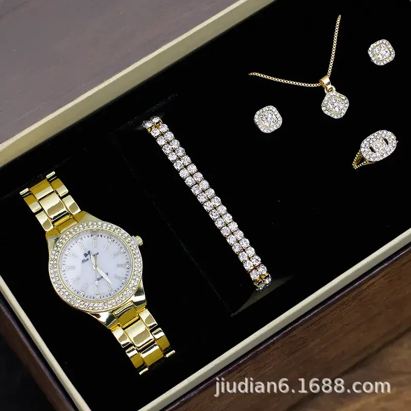 5pcs Set Gold Plated Quartz Watch & Jewelry Set - Image 11