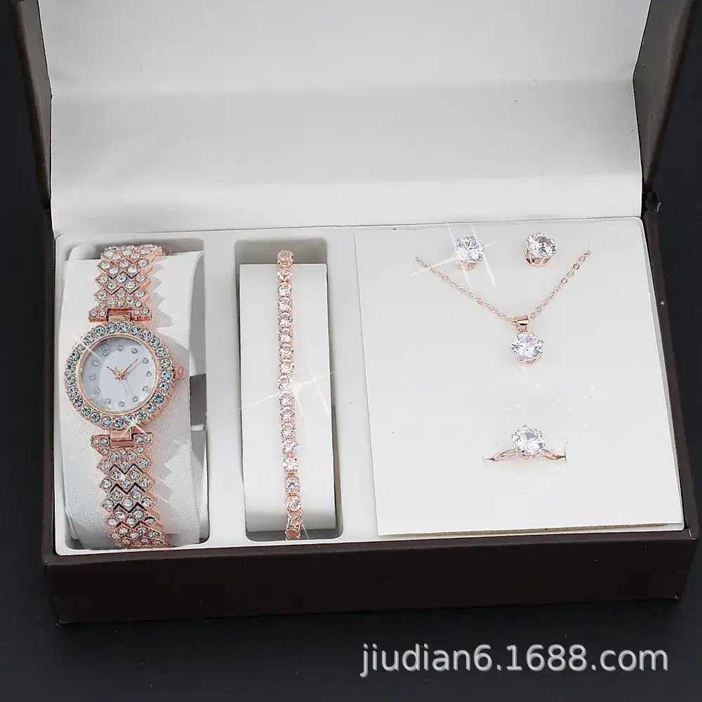 5pcs Set Gold Plated Quartz Watch & Jewelry Set - Image 16
