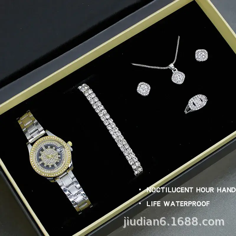 5pcs Set Gold Plated Quartz Watch & Jewelry Set - Image 17