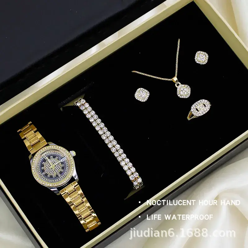 5pcs Set Gold Plated Quartz Watch & Jewelry Set - Image 18