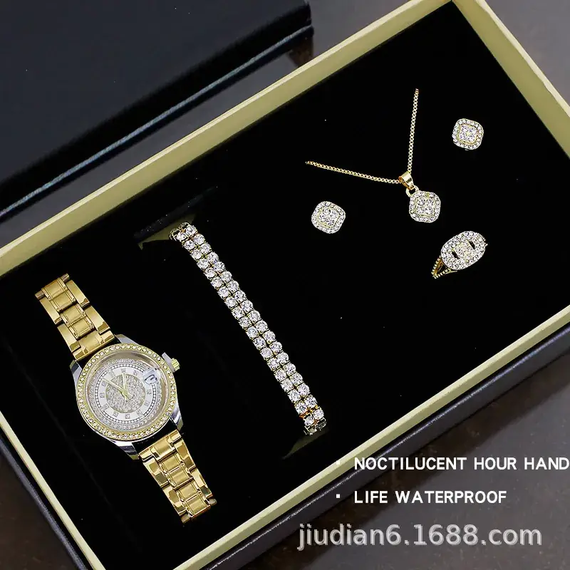 5pcs Set Gold Plated Quartz Watch & Jewelry Set - Image 19