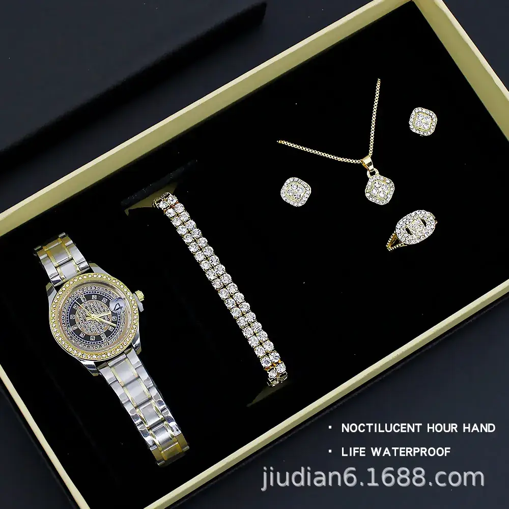 5pcs Set Gold Plated Quartz Watch & Jewelry Set - Image 21