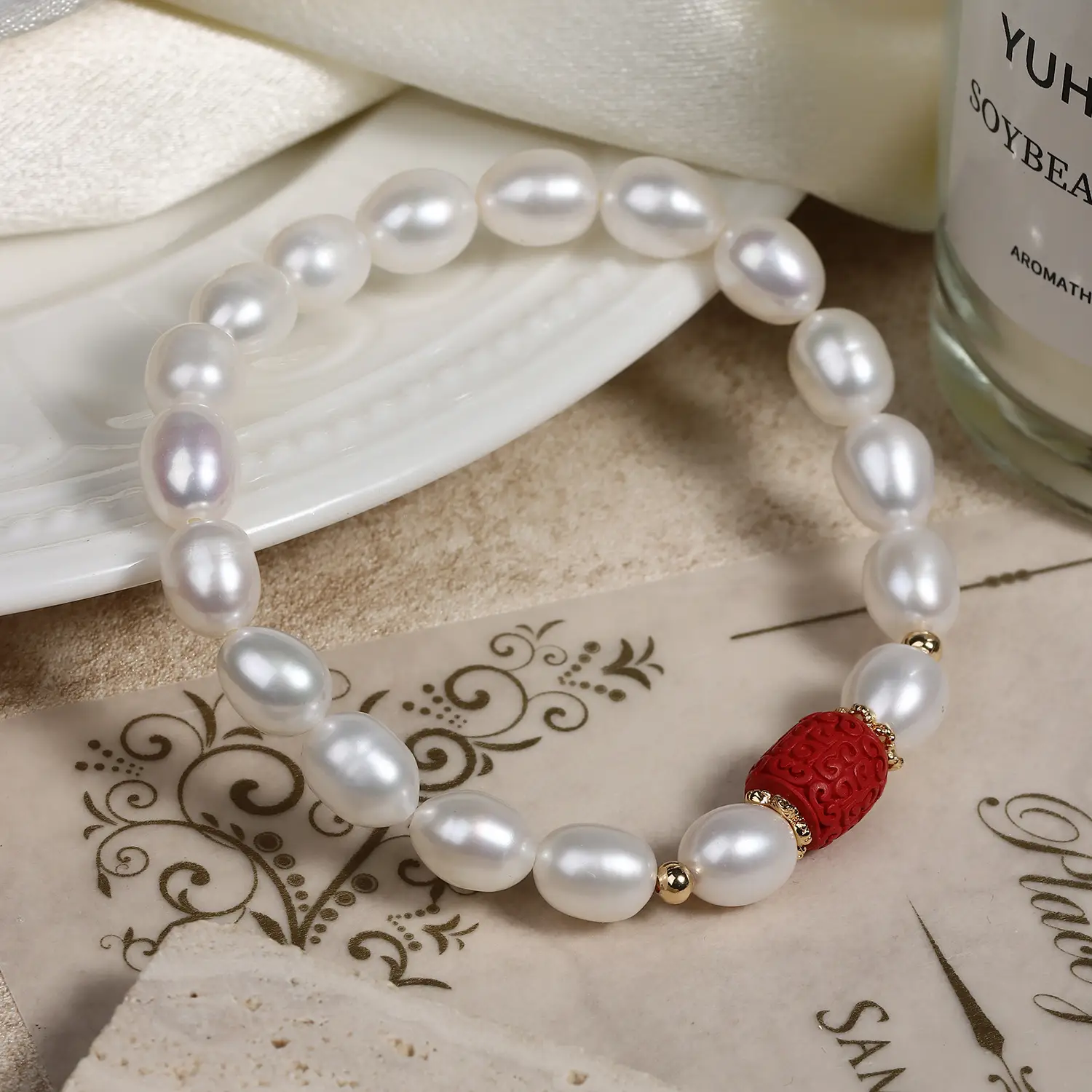 Red Cinnabar Pearl Bracelet for Women