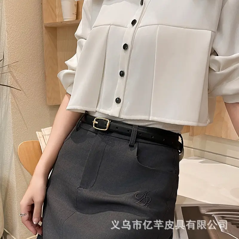 Women's Brown Leather Belt with Gold Buckle — feature 11