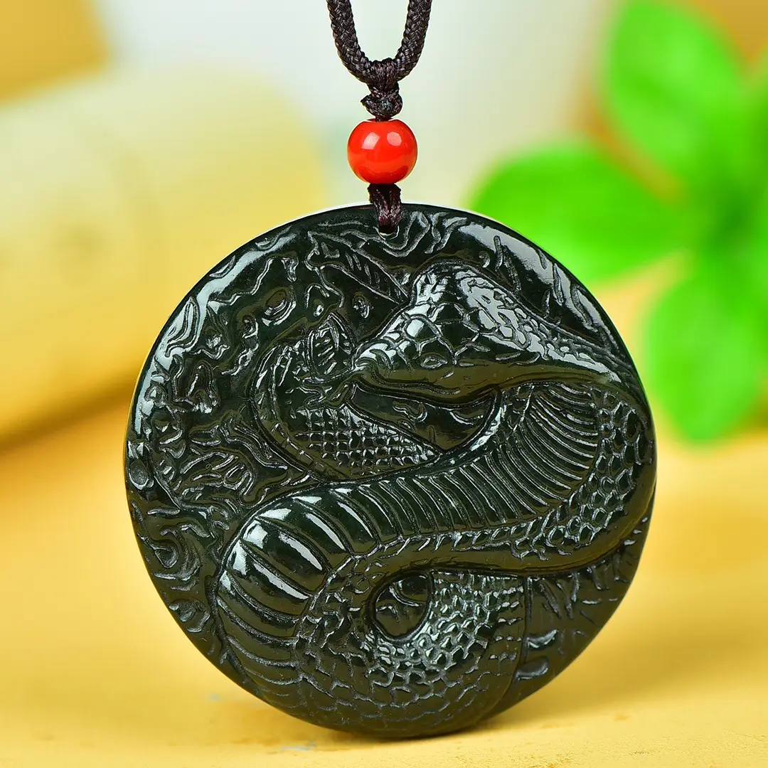 Hetian Jade Snake Pendant Necklace Black Red - Image 3