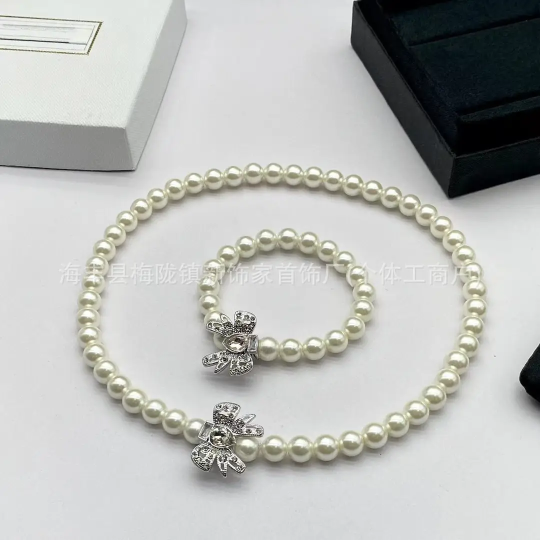 Pearl Bow Necklace Bracelet Set for Women - Image 24