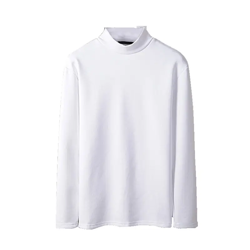 Men's White Fleece T-Shirt Semi-High Collar