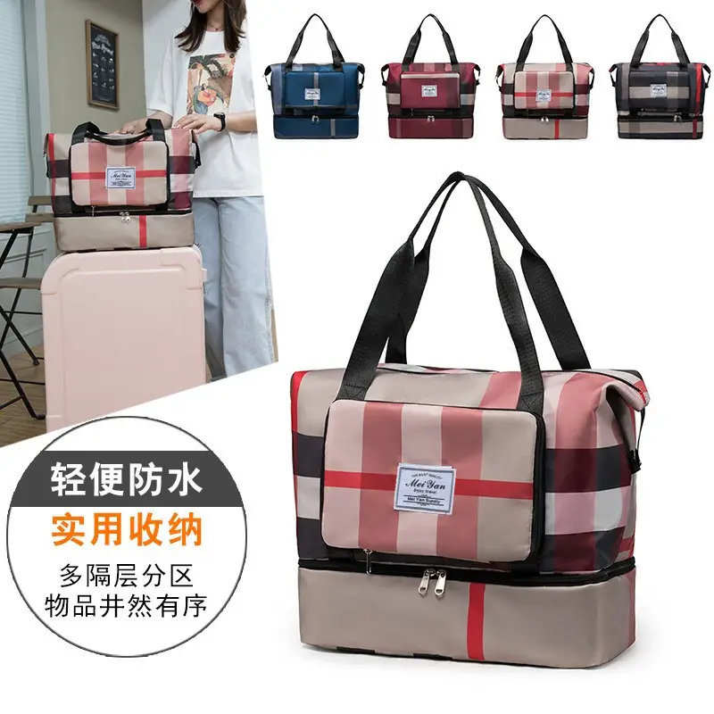 Women Plaid Travel Bag Large Capacity Black Red - Image 3