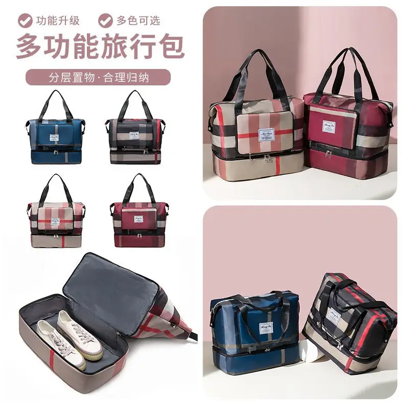 Women Plaid Travel Bag Large Capacity Black Red - Image 4