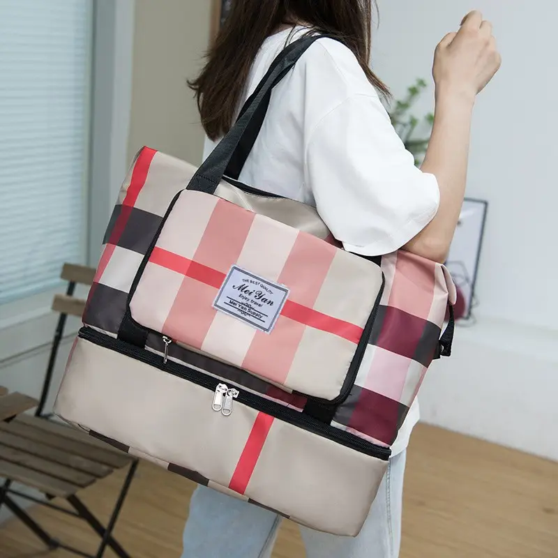 Women Plaid Travel Bag Large Capacity Black Red - Image 5