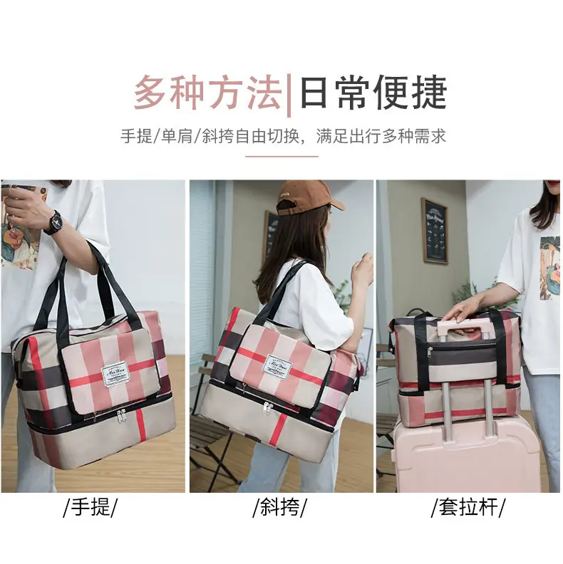 Women Plaid Travel Bag Large Capacity Black Red — feature 13