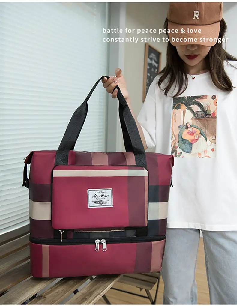 Women Plaid Travel Bag Large Capacity Black Red — feature 17