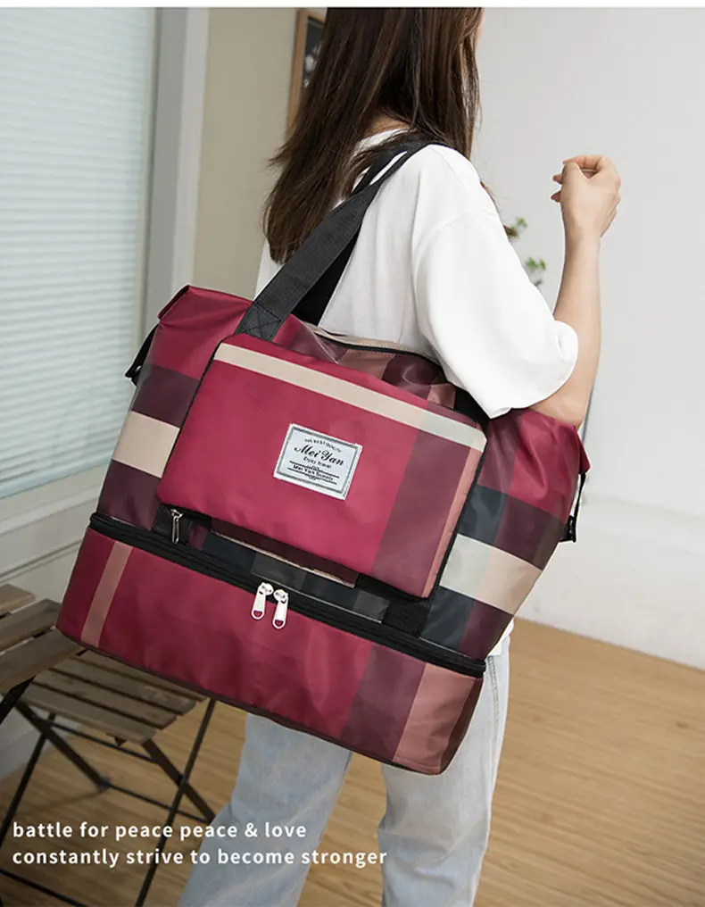 Women Plaid Travel Bag Large Capacity Black Red — feature 18