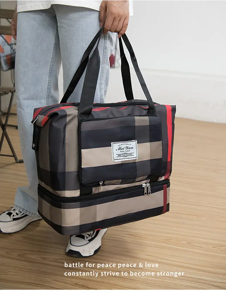 Women Plaid Travel Bag Large Capacity Black Red — feature 19