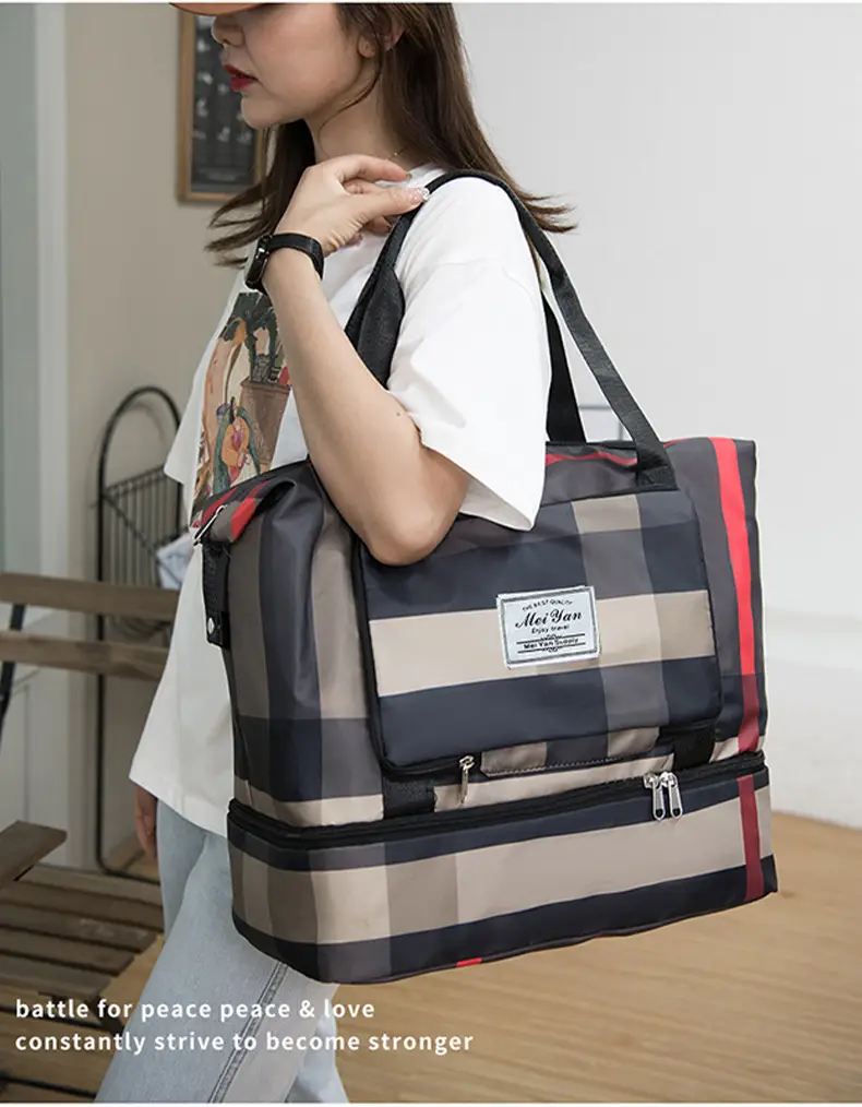 Women Plaid Travel Bag Large Capacity Black Red — feature 20