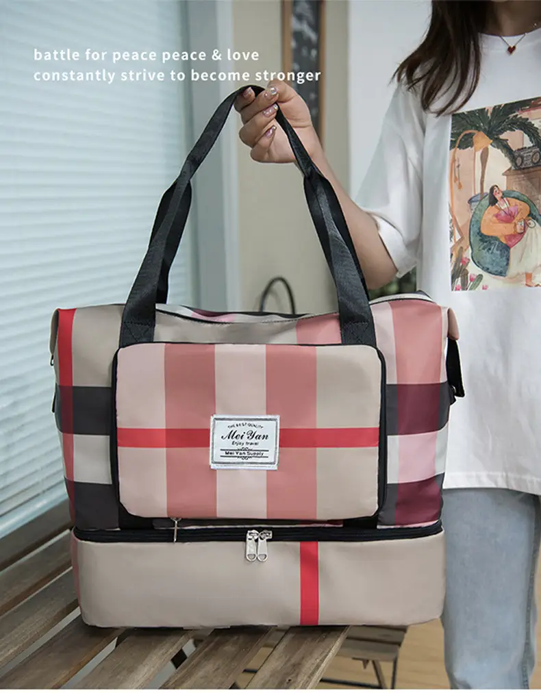 Women Plaid Travel Bag Large Capacity Black Red — feature 21