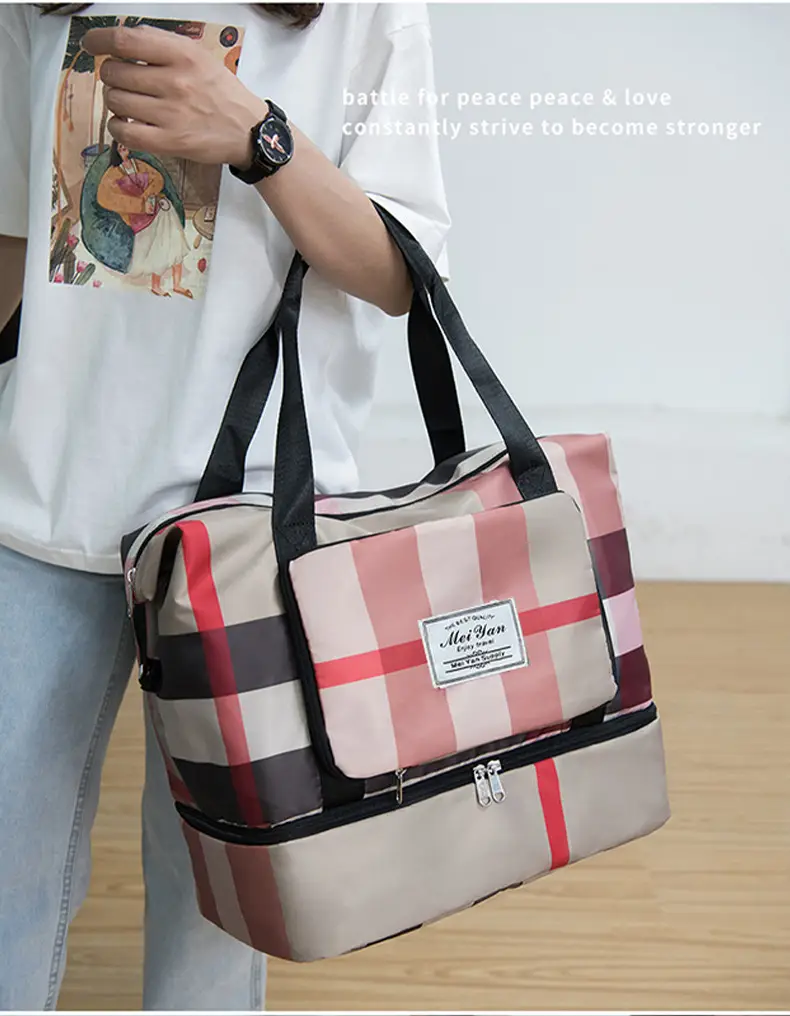 Women Plaid Travel Bag Large Capacity Black Red — feature 22