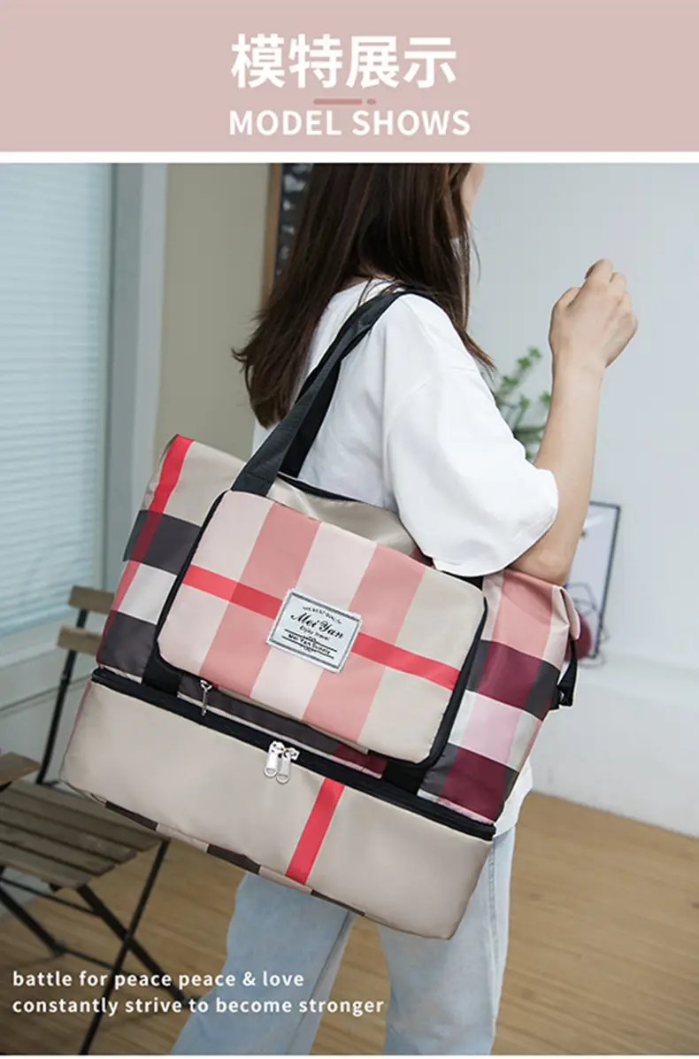 Women Plaid Travel Bag Large Capacity Black Red — feature 23
