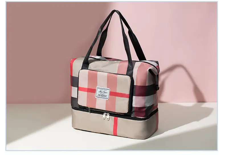 Women Plaid Travel Bag Large Capacity Black Red — feature 24