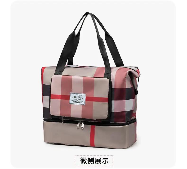 Women Plaid Travel Bag Large Capacity Black Red — feature 28