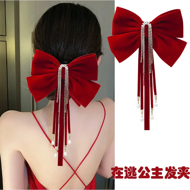 Red Tassel Bow Hair Clip for Bridal Wedding Engagement — feature 1