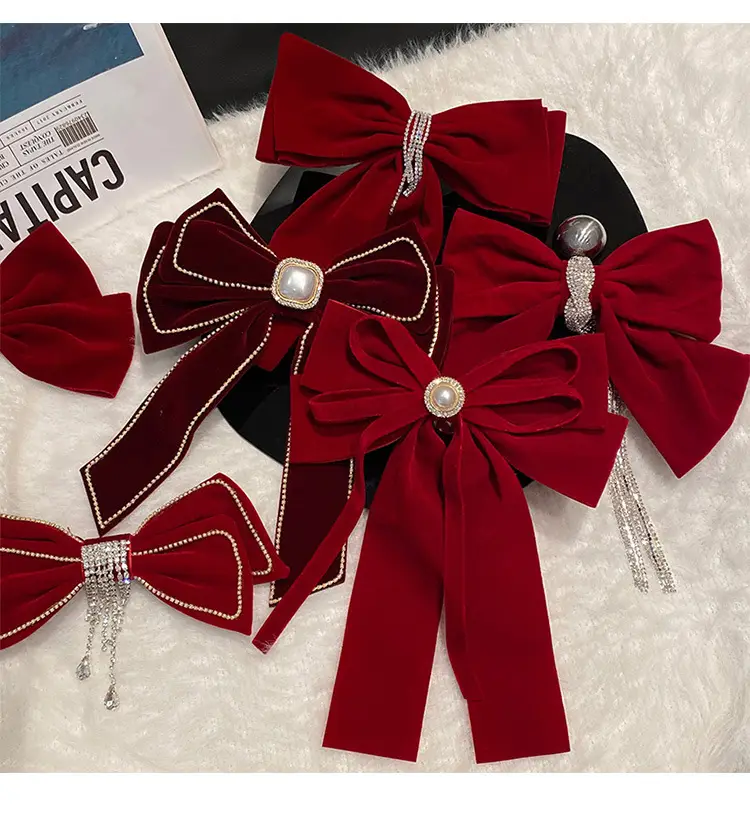 Red Tassel Bow Hair Clip for Bridal Wedding Engagement — feature 3