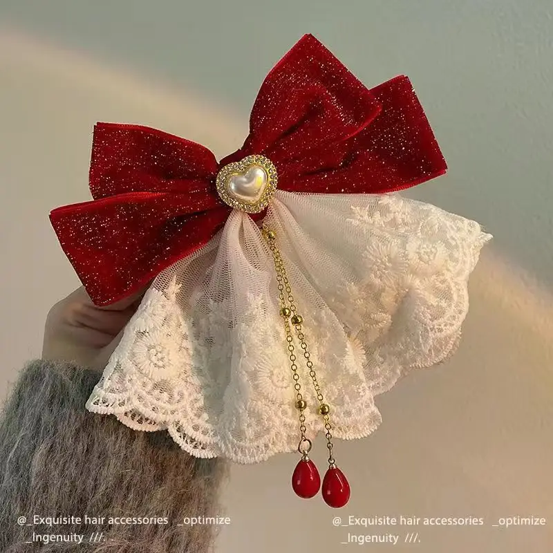 Red Tassel Bow Hair Clip for Bridal Wedding Engagement - Image 11