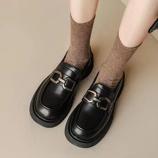 Women's British Style Leather Loafers Black Thick Bottom 2023 - Image 4