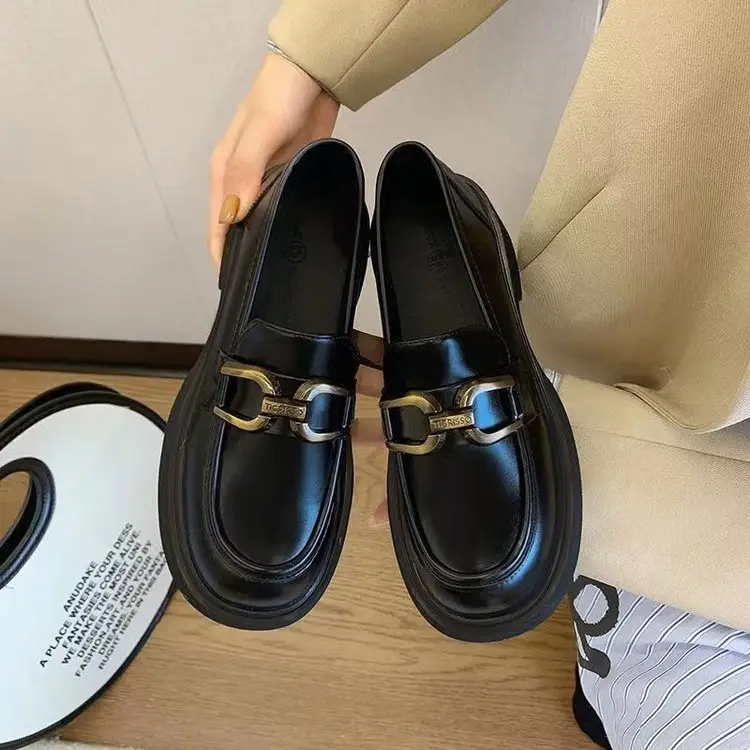 Women's British Style Leather Loafers Black Thick Bottom 2023 - Image 6