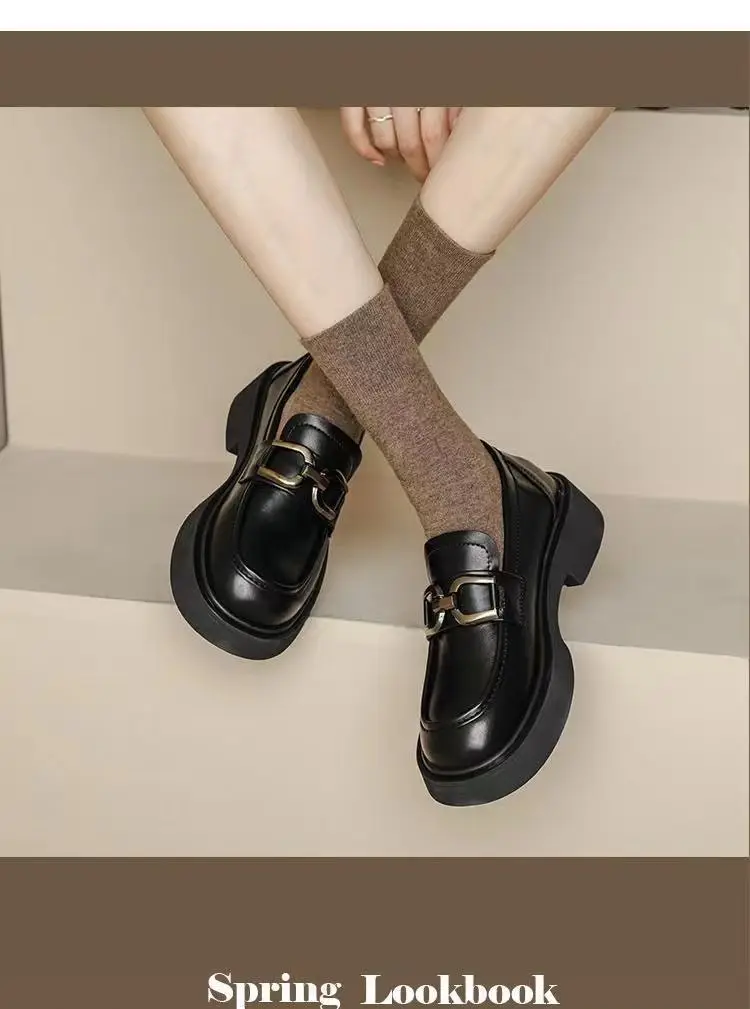 Women's British Style Leather Loafers Black Thick Bottom 2023 — feature 5