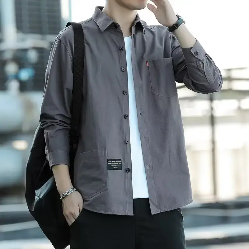 Men's Long Sleeve Cotton Shirt Tan Button Front - Image 29